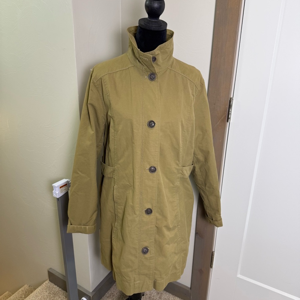 Eddie Bauer Women's Tan Brown Trench Coat Button Down Mock Cinched Jacket Cotton